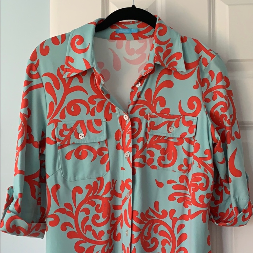 J. McLaughlin blue and coral shirtdress